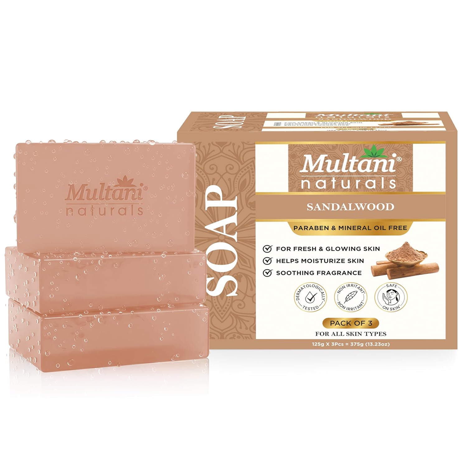 Multani Natural Sandalwood Ayurvedic Soap For Bath (125 Gm - Pack Of 3) | For Hydration & Glow | Helps Rejuvenate Dull & Tired Skin | Paraben Free | Clinically Tested | For All Skin Types | Soap Bar For Men & Women - Image 2
