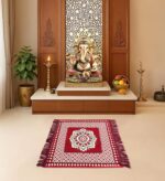 Pack of 2 Pieces Velvet Prayer Mat 2x2 Ft | Traditional Asana Pooja mat for Sitting 24x24 Inches | Aasan Mat for Puja Mandir | Meditation Assan Mat | Multipurpose Area Rug, Red Floral - Image 2