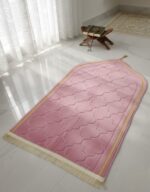 Pink Islamic Prayer Mat with Tassels, Soft Padded Sajadah Rug, Moroccan Embossed Pattern, Gold Border - Image 2