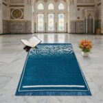 Premium Velvet Islamic Prayer Mat, Teal, Arabic Calligraphy Design, Anti-Slip Base, 27x50 Inches, for Home, Mosque & Travel (Aqua) - Image 2