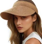 Straw Hat Sun Cap for Women,Wide Brim Beach Hat for Women UV Protection Cap,Summer Packable Topper -UPF 50+, Korean Style Ponytail Topless Sun Visor Khaki - Image 2