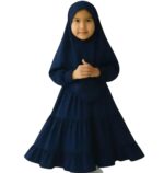 Traditional Navy Blue Girls Prayer Dress with Hijab, Long Sleeve Islamic Abaya, Modest Tiered Maxi Dress (6-7 years) - Image 2