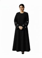 Women's Burqa with Bow Details White Embroidery, Long Bell Sleeves, Free Size up to 65 kg Chest is 44 inches and it is 56 inches Long Made by Firdous Fabric Suitable up to 65kg Body Weight. - Image 2