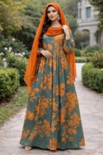 Women’s Floral Printed Georgette with Crepe Lining for no Transparency Abaya Modest Islamic Elegant Long Sleeve Muslim Wear abaya - Image 2