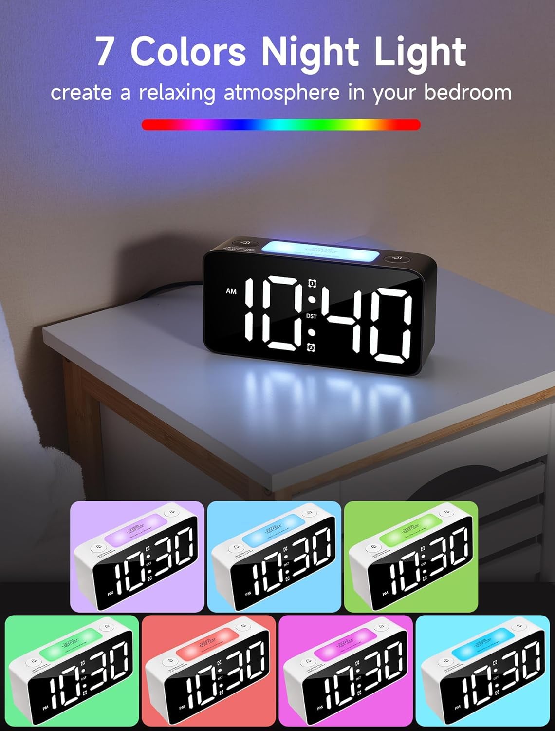 7-Inch Digital Alarm Clock, Table Clock, RGB Color Display, Night Light Dimmer, USB Ports, Super Loud Alarm for Heavy Sleepers for Home, Office, Student, Bedroom, Living Room (RGB Color Clock) - Image 6