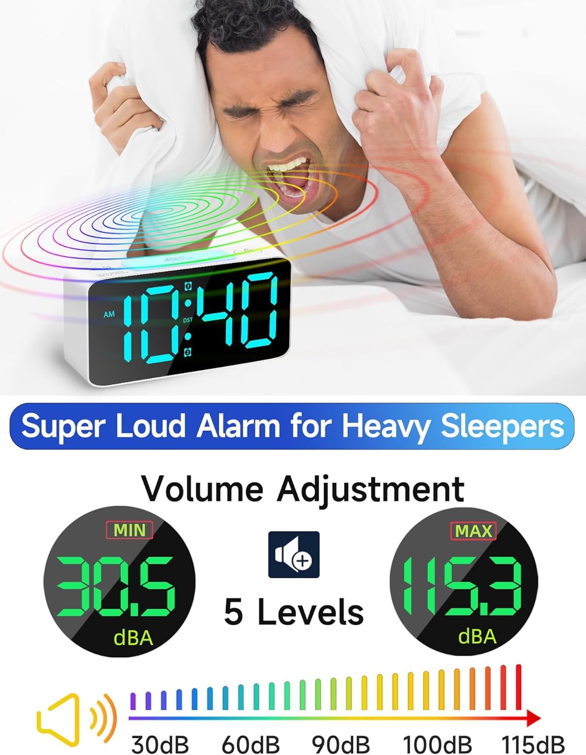 7-Inch Digital Alarm Clock, Table Clock, RGB Color Display, Night Light Dimmer, USB Ports, Super Loud Alarm for Heavy Sleepers for Home, Office, Student, Bedroom, Living Room (RGB Color Clock) - Image 8