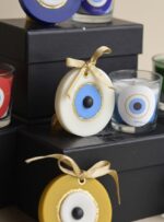 Evil Eye Protection Glass Candle Set with Decorative Ornaments, Multi-Color, Gold Ribbon, Handmade Home Decor, 2 Piece Gift Set - Image 3