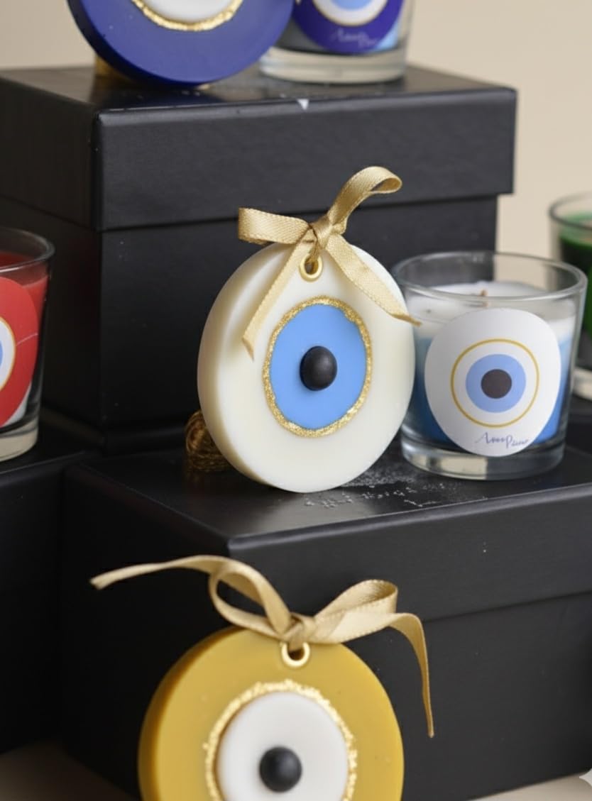 Evil Eye Protection Glass Candle Set with Decorative Ornaments, Multi-Color, Gold Ribbon, Handmade Home Decor, 2 Piece Gift Set - Image 3