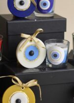 Evil Eye Protection Glass Candle Set with Decorative Ornaments, Multi-Color, Gold Ribbon, Handmade Home Decor, 2 Piece Gift Set - Image 4