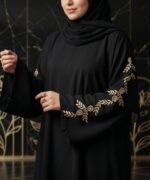 Women Premium Firdous Fabric Abaya Burqa with Golden Branch Leaf Embroidered Sleeves | Elegant Dubai Style Modest Wear | Flowy Fit | Long Sleeves | Without Dupatta - Image 3