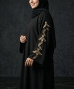 Women Premium Firdous Fabric Abaya Burqa with Golden Branch Leaf Embroidered Sleeves | Elegant Dubai Style Modest Wear | Flowy Fit | Long Sleeves | Without Dupatta - Image 4