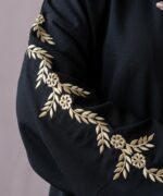 Women Premium Firdous Fabric Abaya Burqa with Golden Branch Leaf Embroidered Sleeves | Elegant Dubai Style Modest Wear | Flowy Fit | Long Sleeves | Without Dupatta - Image 5