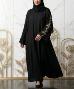 Women Premium Firdous Fabric Abaya Burqa with Golden Branch Leaf Embroidered Sleeves | Elegant Dubai Style Modest Wear | Flowy Fit | Long Sleeves | Without Dupatta - Image 6
