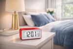 Small Portable Red LCD Digital Alarm Clock with Voice Control Back-Light, Temperature Monitor, Calendar, Musical Alarm, Battery Operated for Home, Office, Study Desk & Kitchen - Image 4