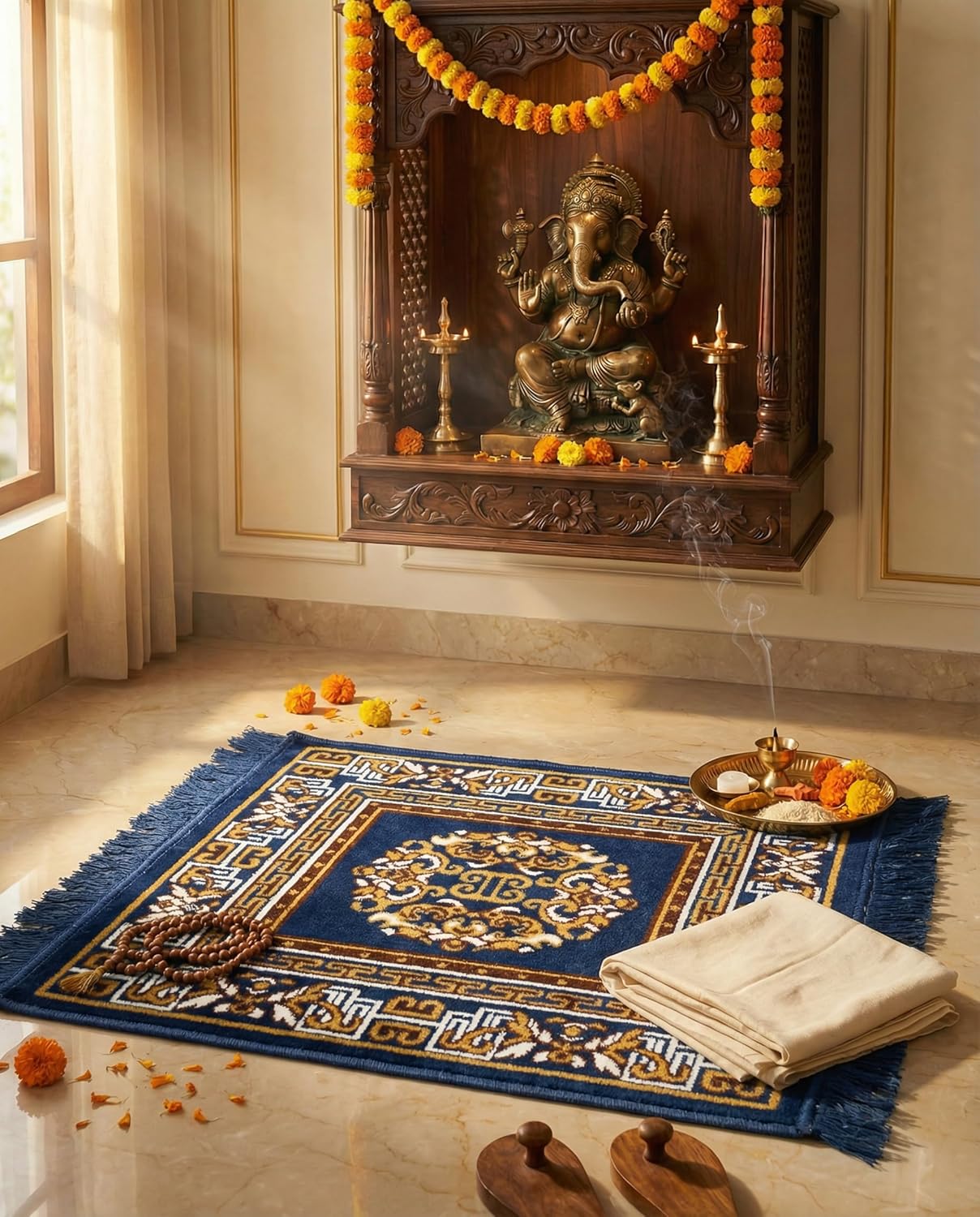 Velvet Pooja Aasan Mat 20x20 Inch Square | Soft Puja Asan for Mandir Sitting & God Idol | Multicolor Traditional Prayer Mat for Chowki Meditation Hawan | Multipurpose Pooja Mat - Image 3