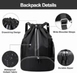 Drawstring Backpack with Shoe Compartment, Waterproof Oxford Fabric Bag with Wet and Dry Inner Pocket, Wide Shoulder Straps and Front Zipper Section - Image 7