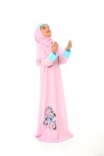 Girls Prayer Clothes Kids Islamic Clothing 2 piece Set Prayer Clothes Sleeve Cuffed Maxi Dress with a Head Scarf and A Rosary Gift Flowers Printed - Image 3