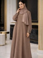 Women's Premium Firdous Fabric Burqa | Solid Taupe(Beige) Modest Abaya Dress with Black Button Cuffs for Daily & Office Wear(Free Size) - Image 3