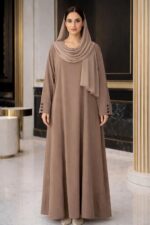 Women's Premium Firdous Fabric Burqa | Solid Taupe(Beige) Modest Abaya Dress with Black Button Cuffs for Daily & Office Wear(Free Size) - Image 4