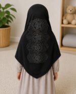 ABEEHA® Girls' Black Hijab Scarf with Rhinestone Floral Design, Pull-On Style, Kids' Islamic Head Covering - Image 3