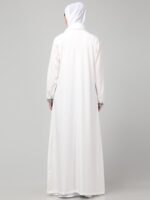 White Embroidered Abaya Dress for Women, Long Sleeve Islamic Modest Wear with Black Floral Trim, Polyester, Regular Fit - Image 3