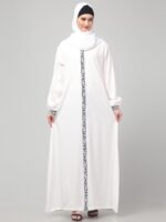 White Embroidered Abaya Dress for Women, Long Sleeve Islamic Modest Wear with Black Floral Trim, Polyester, Regular Fit - Image 4