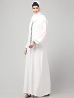White Embroidered Abaya Dress for Women, Long Sleeve Islamic Modest Wear with Black Floral Trim, Polyester, Regular Fit - Image 5