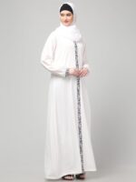 White Embroidered Abaya Dress for Women, Long Sleeve Islamic Modest Wear with Black Floral Trim, Polyester, Regular Fit - Image 6