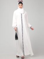 White Embroidered Abaya Dress for Women, Long Sleeve Islamic Modest Wear with Black Floral Trim, Polyester, Regular Fit - Image 7