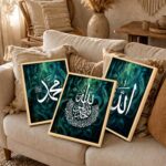 PAINTINGMANTRA Islamic Allah, Muhammad Framed Wall Art Painting For Living Room, Kalima Arabic Calligraphy Muslim Wall Art Painting With Frame For Home Decor, Set of 3, (17.6x12.9 Inch) - Image 6
