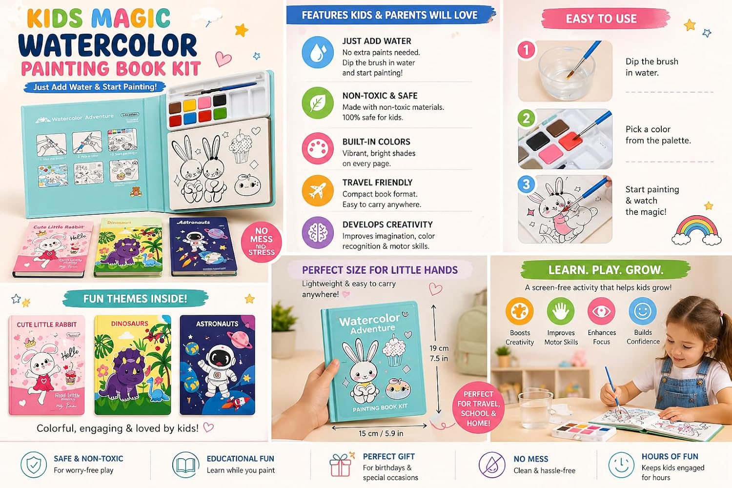 Cute Little Bunny Watercolor Coloring Book for Kids Luxury Magic Watercolor Painting Book for Kids with Built-In Rainbow Paint Palette and Water Brush, Reusable Cartoon Art Activity Drawing Pad for Boys Girls. - Image 4