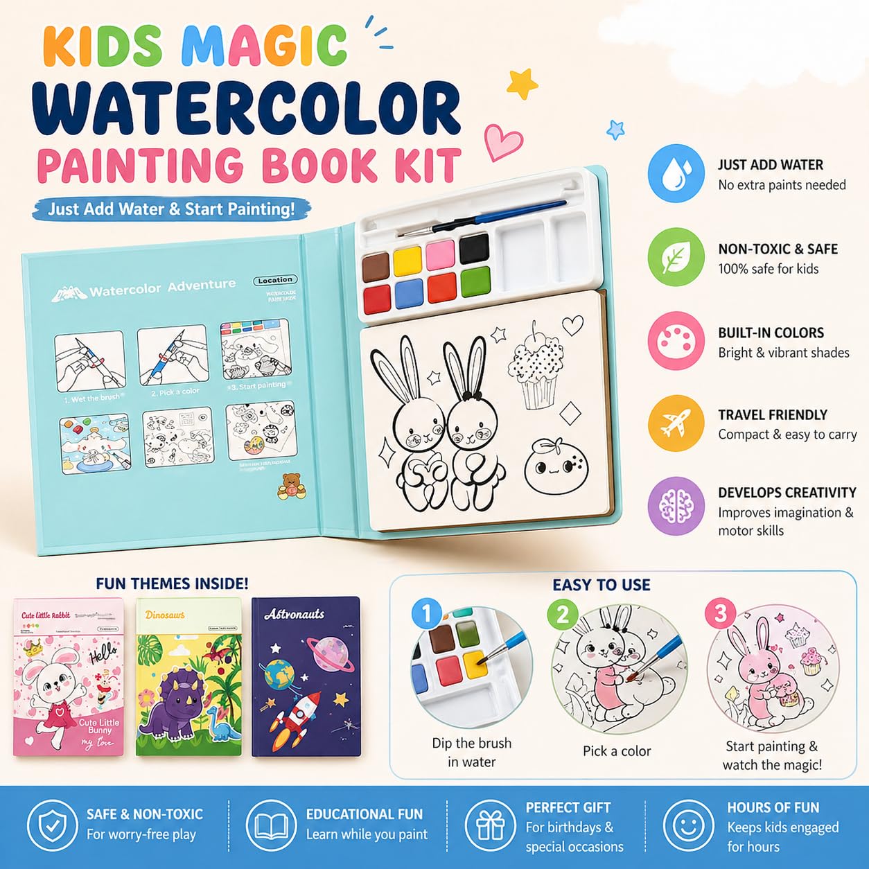 Cute Little Bunny Watercolor Coloring Book for Kids Luxury Magic Watercolor Painting Book for Kids with Built-In Rainbow Paint Palette and Water Brush, Reusable Cartoon Art Activity Drawing Pad for Boys Girls. - Image 5