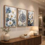 Livin'luxe Islamic Calligraphy Floral Wall Painting Set of 3 for Living Room Bedroom Hall Office Decor, White Blue Arabic Art, Premium Wooden Synthetic Frame (25.5 x 37.5) NXL03-158 - Image 4