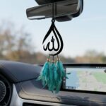 VAELO Islamic Allah Calligraphy Hanging Decor, Black Metal with Teal Feathers and Gold Beads - Image 4