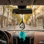 VAELO Islamic Allah Calligraphy Hanging Decor, Black Metal with Teal Feathers and Gold Beads - Image 5