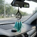 VAELO Islamic Allah Calligraphy Hanging Decor, Black Metal with Teal Feathers and Gold Beads - Image 6