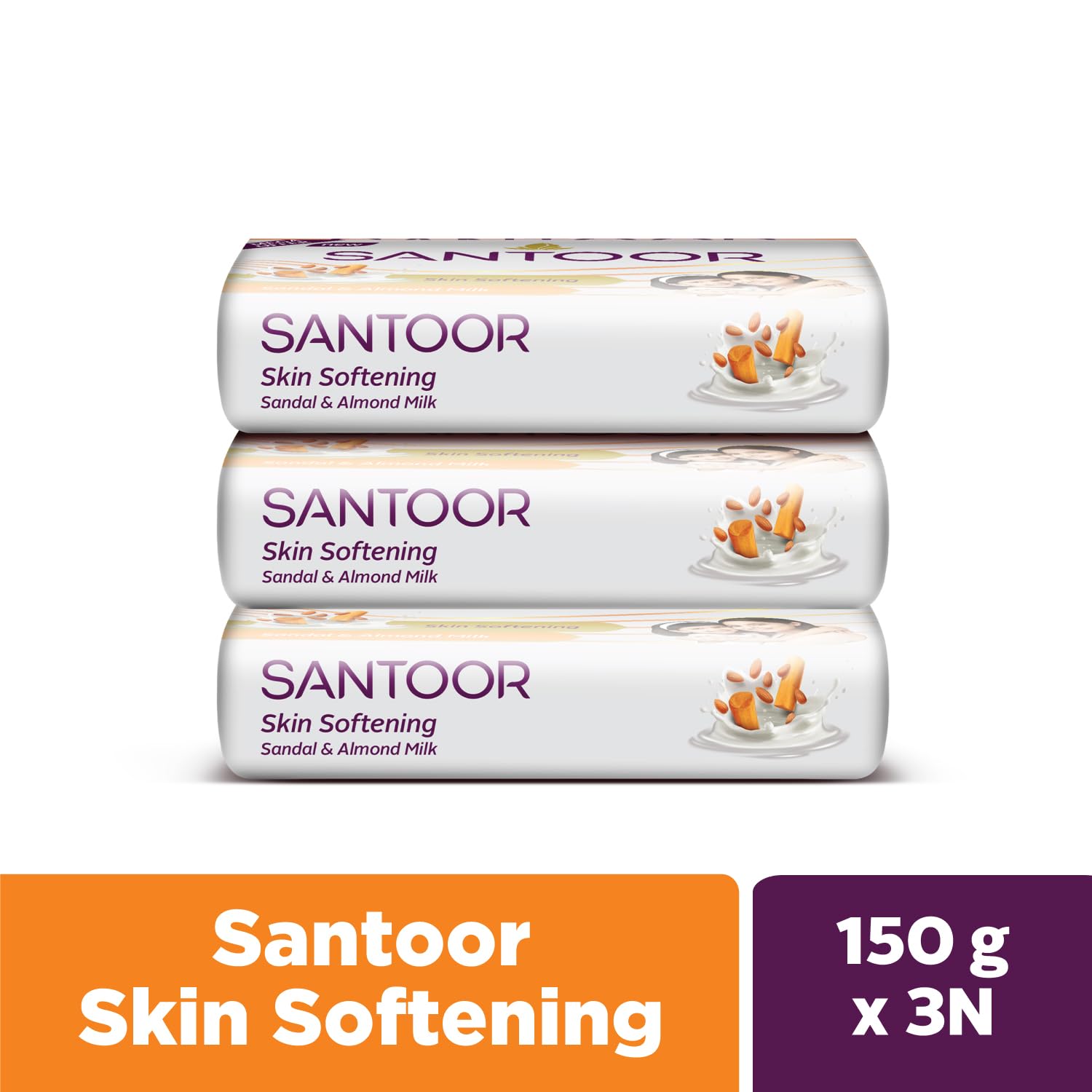 Santoor Skin Softening Sandal & Almond Milk Bathing Soap with Nourishing & Anti-Aging Properties| For Smooth & Soft and Younger-Looking Skin| For All Skin Types|150G X3 - Image 3