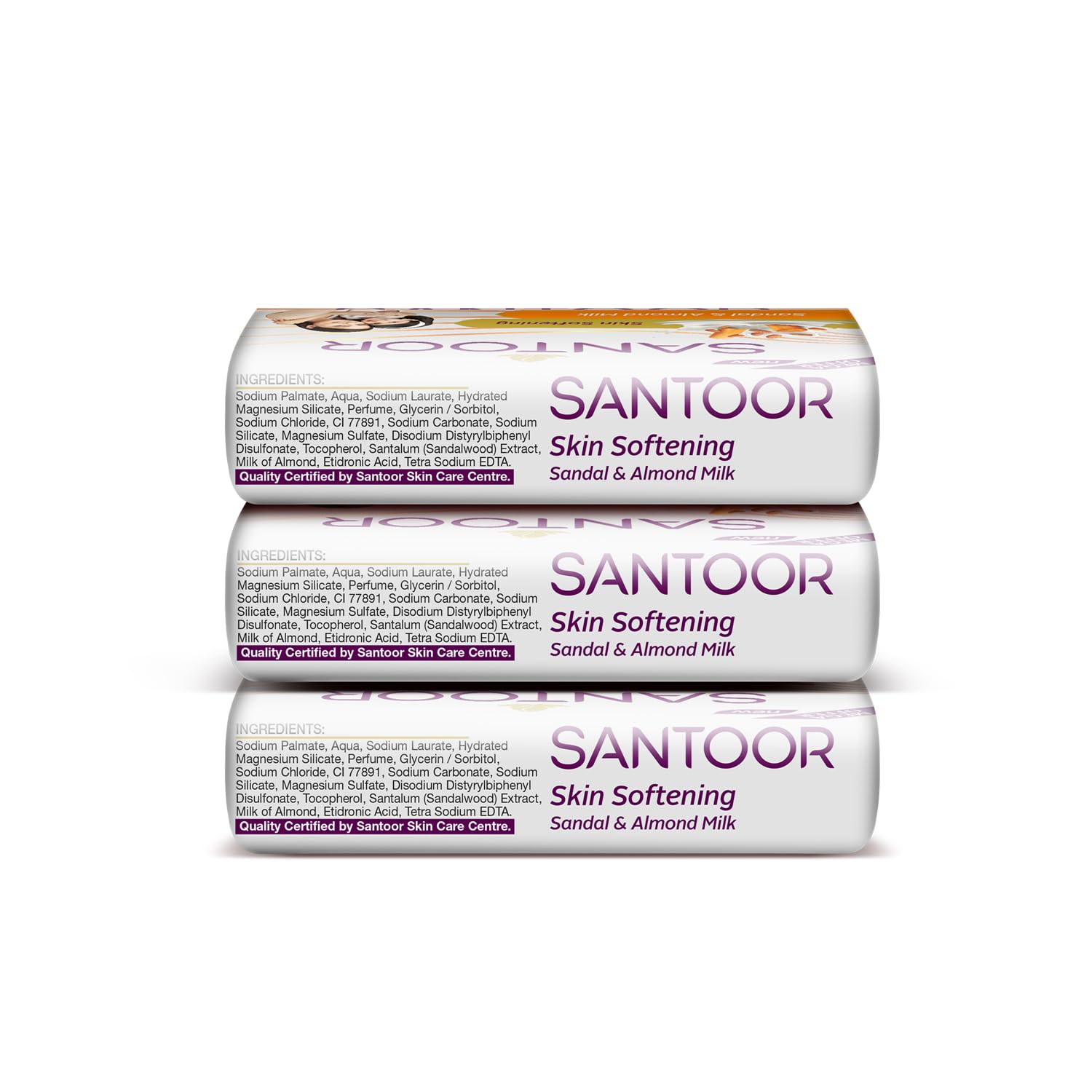 Santoor Skin Softening Sandal & Almond Milk Bathing Soap with Nourishing & Anti-Aging Properties| For Smooth & Soft and Younger-Looking Skin| For All Skin Types|150G X3 - Image 4