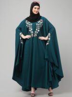 Bottle Green Embroidered Irani Kaftan Abaya with Floral Design, Free Size, Women's Islamic Modest Wear - Image 3