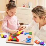 Wooden Tangram Puzzle Blocks for Kids – 40 Pieces Russian Block Brain Teaser, Montessori Educational Toy for Shape & Color Learning, IQ Puzzle Game for Boys & Girls Age 3+ (Pack of 1) - Image 3