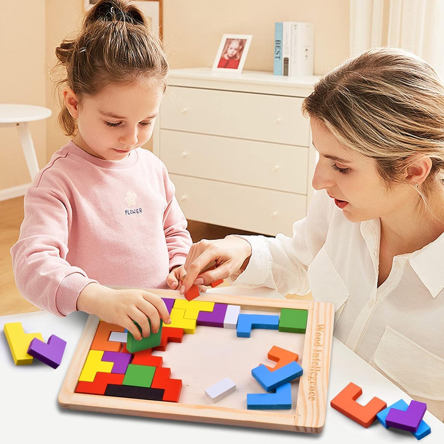 Wooden Tangram Puzzle Blocks for Kids – 40 Pieces Russian Block Brain Teaser, Montessori Educational Toy for Shape & Color Learning, IQ Puzzle Game for Boys & Girls Age 3+ (Pack of 1) - Image 3