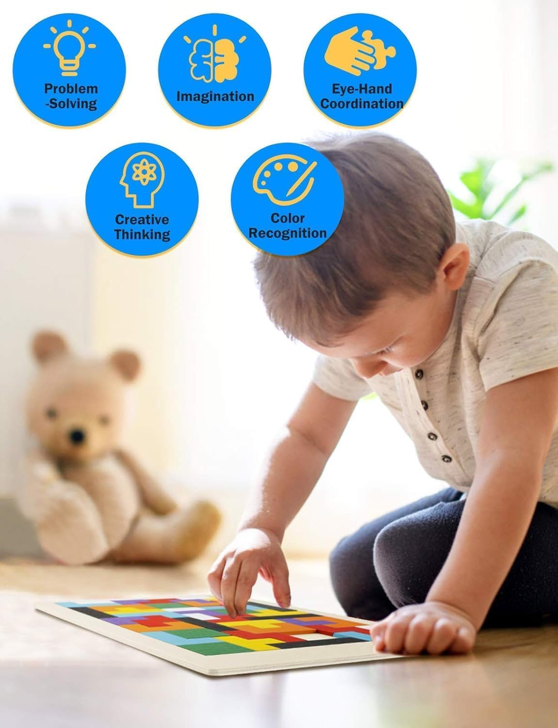 Wooden Tangram Puzzle Blocks for Kids – 40 Pieces Russian Block Brain Teaser, Montessori Educational Toy for Shape & Color Learning, IQ Puzzle Game for Boys & Girls Age 3+ (Pack of 1) - Image 4