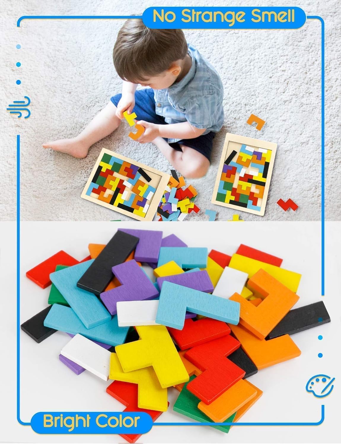 Wooden Tangram Puzzle Blocks for Kids – 40 Pieces Russian Block Brain Teaser, Montessori Educational Toy for Shape & Color Learning, IQ Puzzle Game for Boys & Girls Age 3+ (Pack of 1) - Image 9