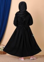 Girls Black Abaya Dress with Green Ruffle Trim, Bow Details, Long Sleeve Islamic Modest Wear - Image 3