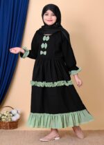 Girls Black Abaya Dress with Green Ruffle Trim, Bow Details, Long Sleeve Islamic Modest Wear - Image 4