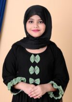 Girls Black Abaya Dress with Green Ruffle Trim, Bow Details, Long Sleeve Islamic Modest Wear - Image 5