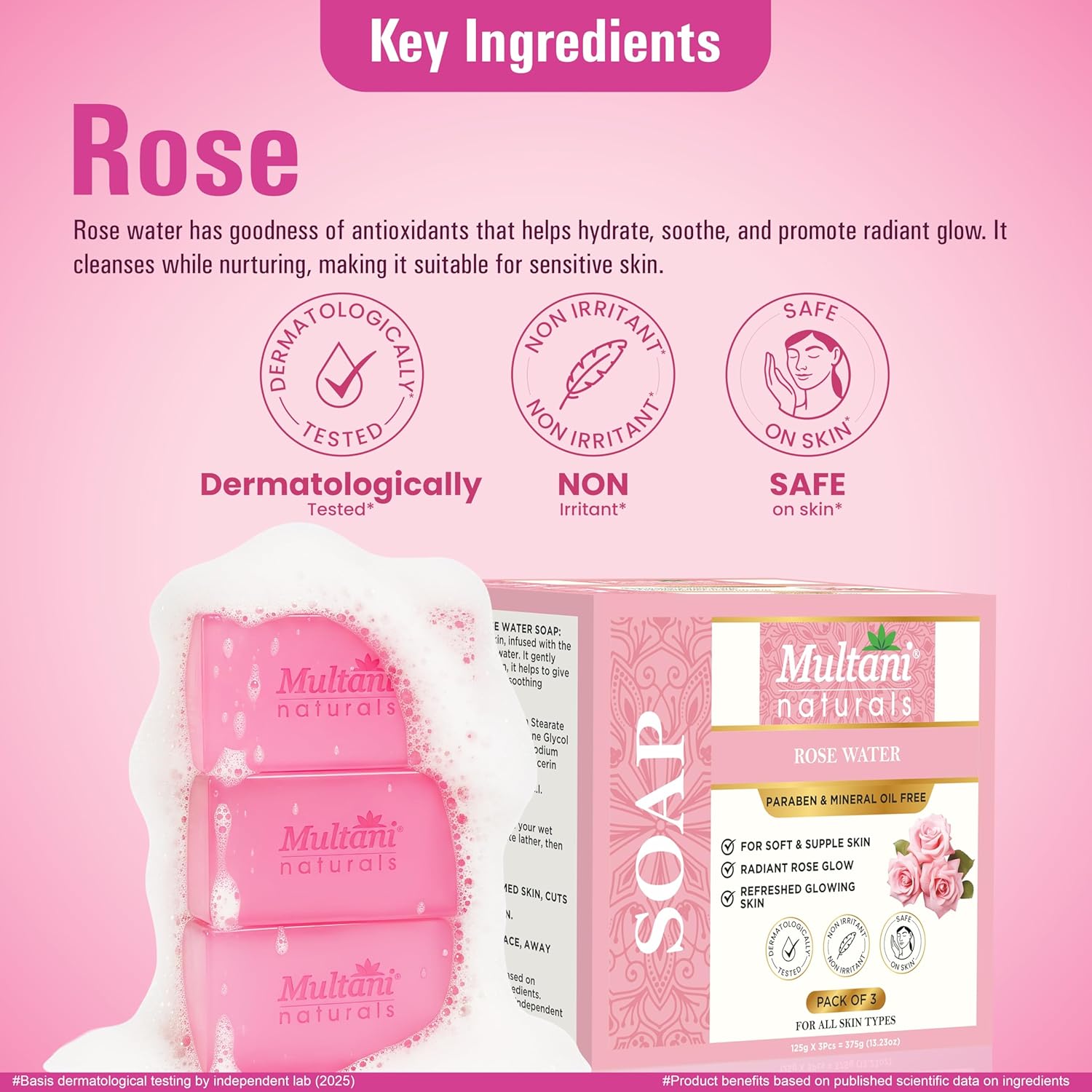 Multani Naturals Rosewater Soap Bar For Bath (125 Gm - Pack Of 3) I Paraben Free | Clinically Tested | Herbal Soap Bar with Rose Water & Glycerin | Helps Sooth & Calm Irritated Skin, Hydrate & Softens Skin | For All Skin Types | Soap For Men & Women - Image 4