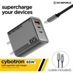 Nu Republic Cybotron 65W GaN Superfast Wall Charger with Type-C to Type-C Cable, 65W Output Compatible with MacBook & Type-C Laptop Charging, iPhone, Samsung, OnePlus, Nothing (Grey) - Image 3