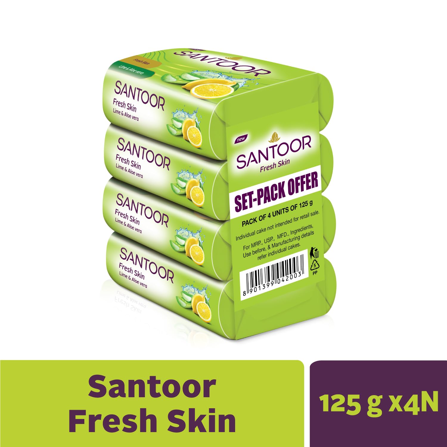 Santoor Fresh Skin Aloe Vera & Lime Bathing Soap with Nourishing & Anti-Aging Properties| For Smooth & Soft and Younger-Looking Skin| For All Skin Types| 125g, Pack of 4 - Image 3