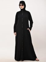 Women’s Front Open Abaya with Coat Button Design | Chinese Collar & Cut Pocket | Celtos Fabric Long Sleeve | Includes 2 Hijabs (Black & White) - Image 4